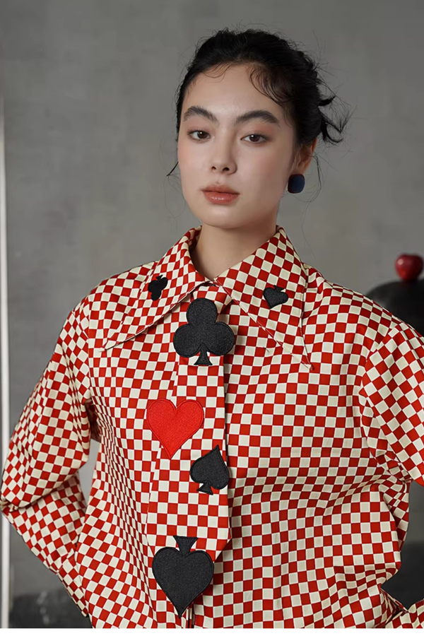 レトロチェックトランプデザインブラウス