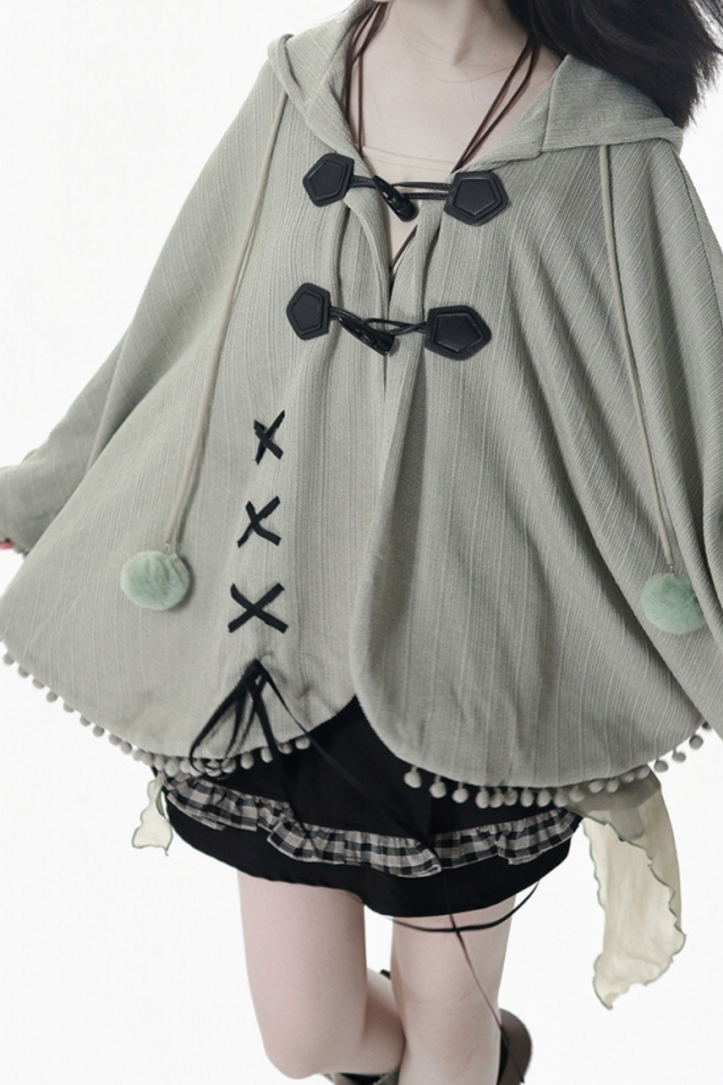 Check Ribbon Camisole Two Piece Jacket + Cape Coat + Skirt