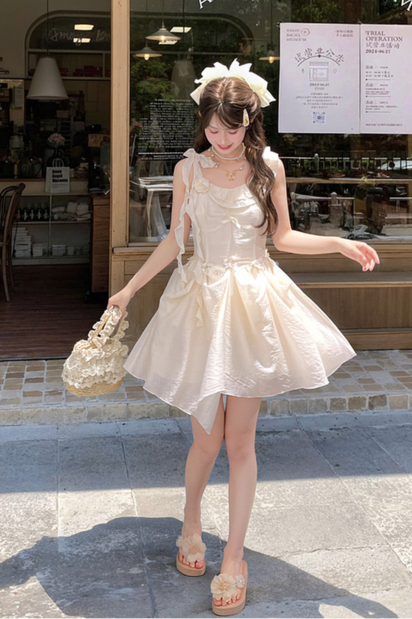 Sweet Sheer Design Ribbon Two Wear Dress