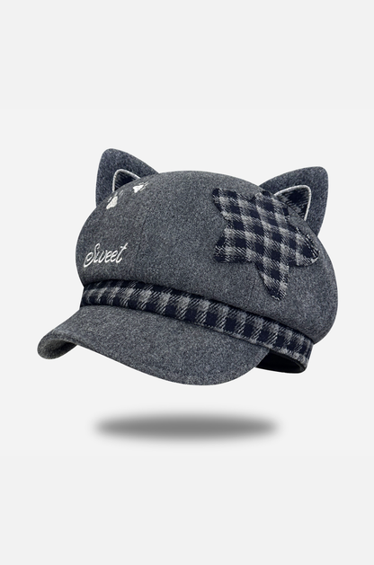 Plaid Star Cat Ear Octagonal Beret