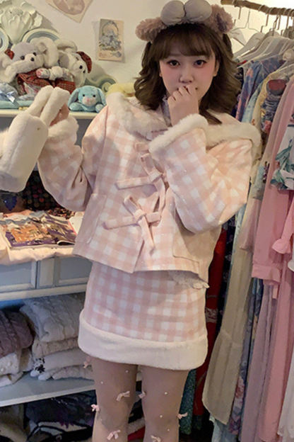 Peach Check Sweet Bow Coat + Check Tight Skirt + Fur Check Skirt