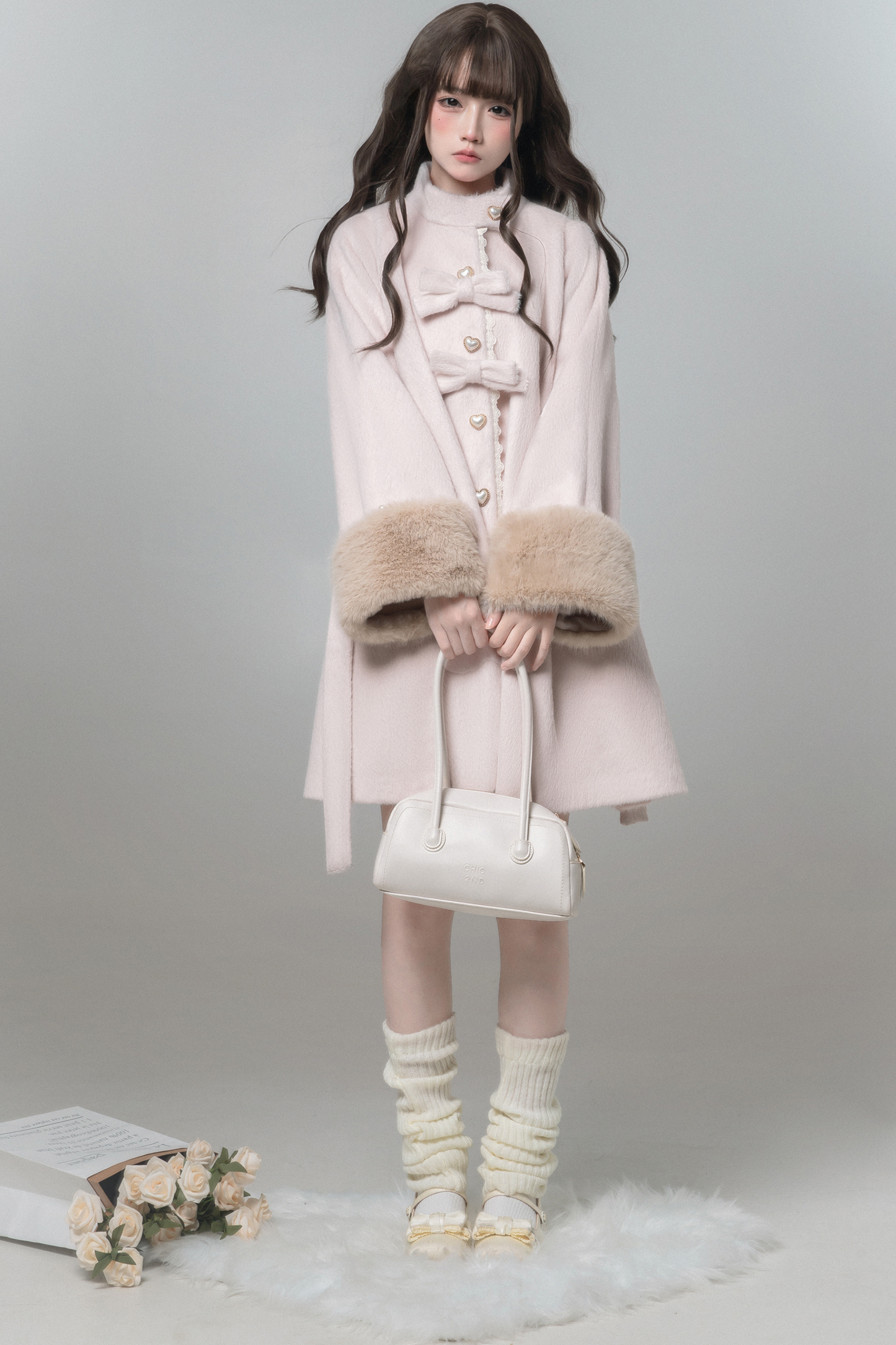 スイートガーリーリボンフレアコート+ファーカラー+シャツ+スカート+ベレー帽