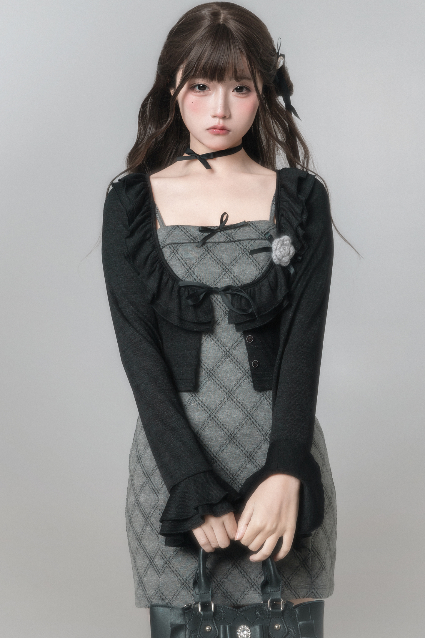 チェックキャミソールドレス+カーディガン