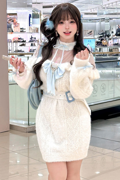 Sweet girly ribbon white aqua top