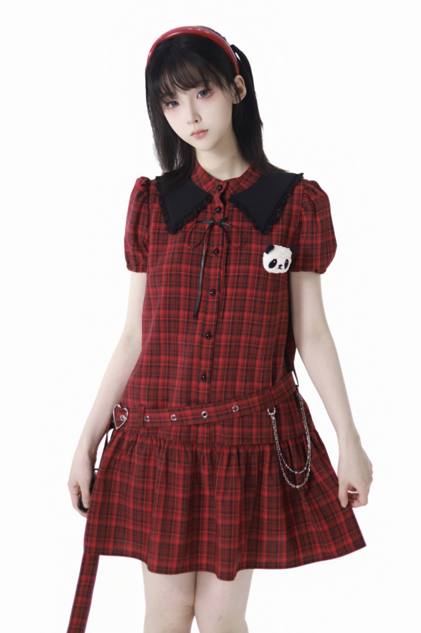 Love Comi Panda Checkered Dress + Pleated Skirt + Cropped Top
