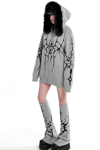 ゴシックファーフードルーズジップカーディガン