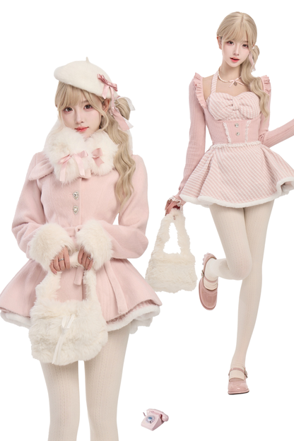 Knit Cardigan + Staggered Lattice Dress + Wool Jacket