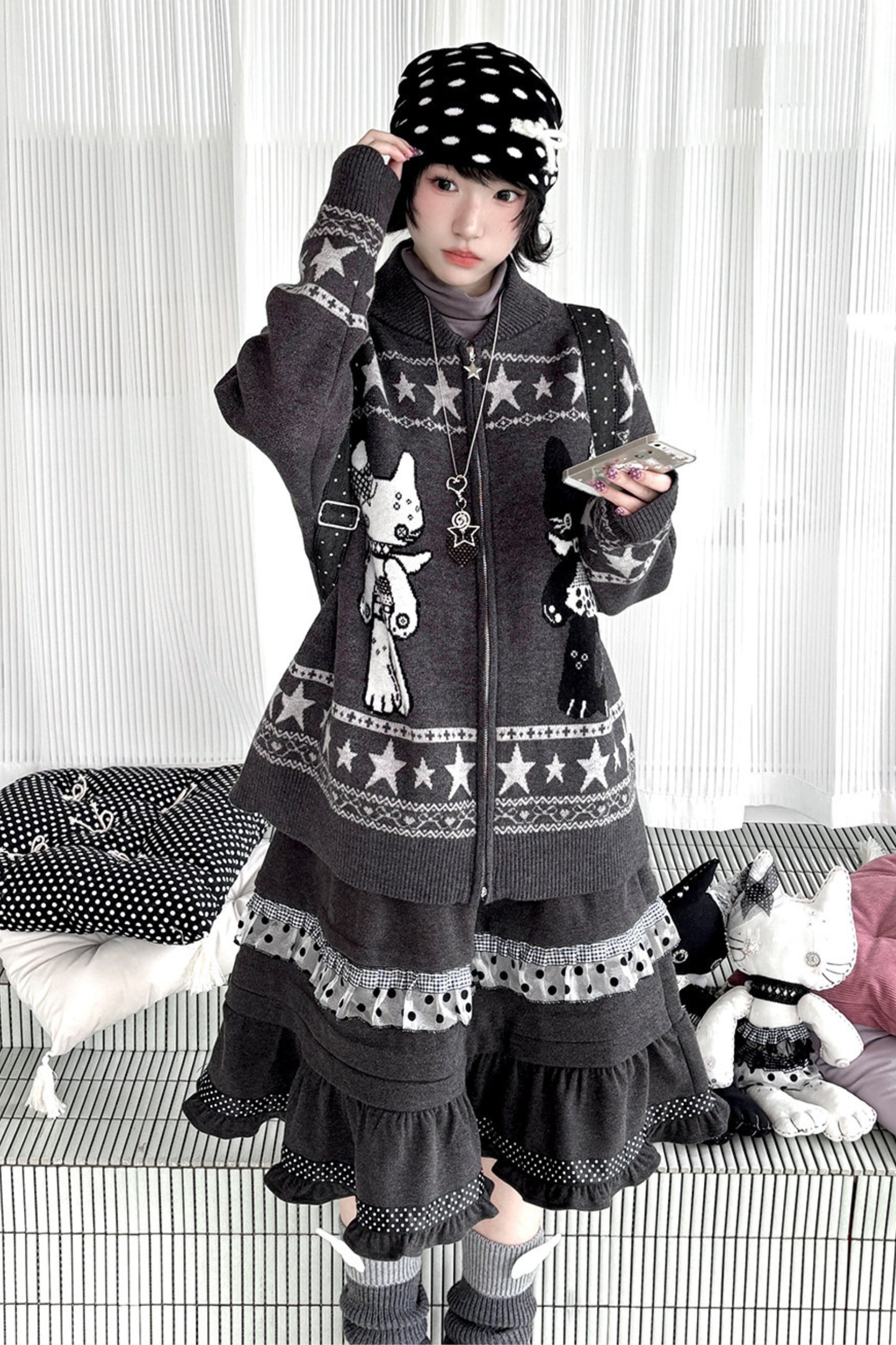 Y2K Jacquard Cardigan + Flare Skirt