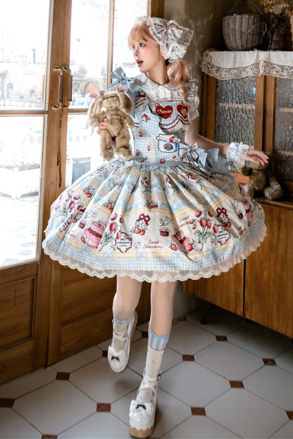 [Vorbestellung bis 14. März] Castle-Strawberry-Süß-Lolita-Hosenträgerrock + Oberteil + Unterhemd + Stirnband + Band