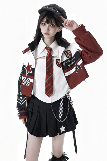 バイカージャケット+ネクタイ付きシャツ+スカート+ベルト