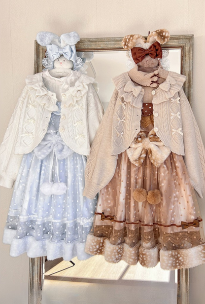 Ruffle Ribbon Lantern Sleeve Knit Cardigan