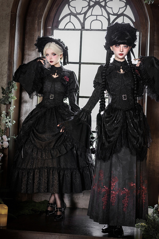 ゴシックコルセットトップス+ショートコート+ホース+カーテン+スカート+フラワー+ボンネット