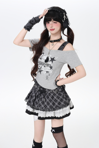 Plaid Lace-Up Tiered Skirt