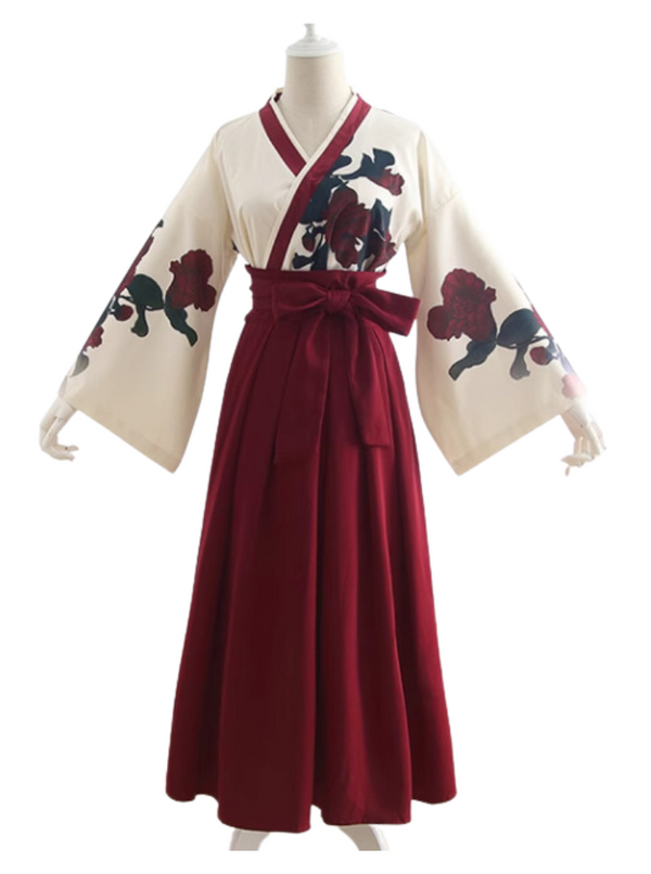 Japanese floral print kimono shirt + ribbon hakama style skirt
