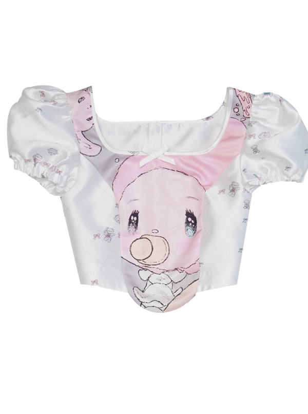 Angel Girl Baby Illustration Square Neck Puff Sleeves Tops