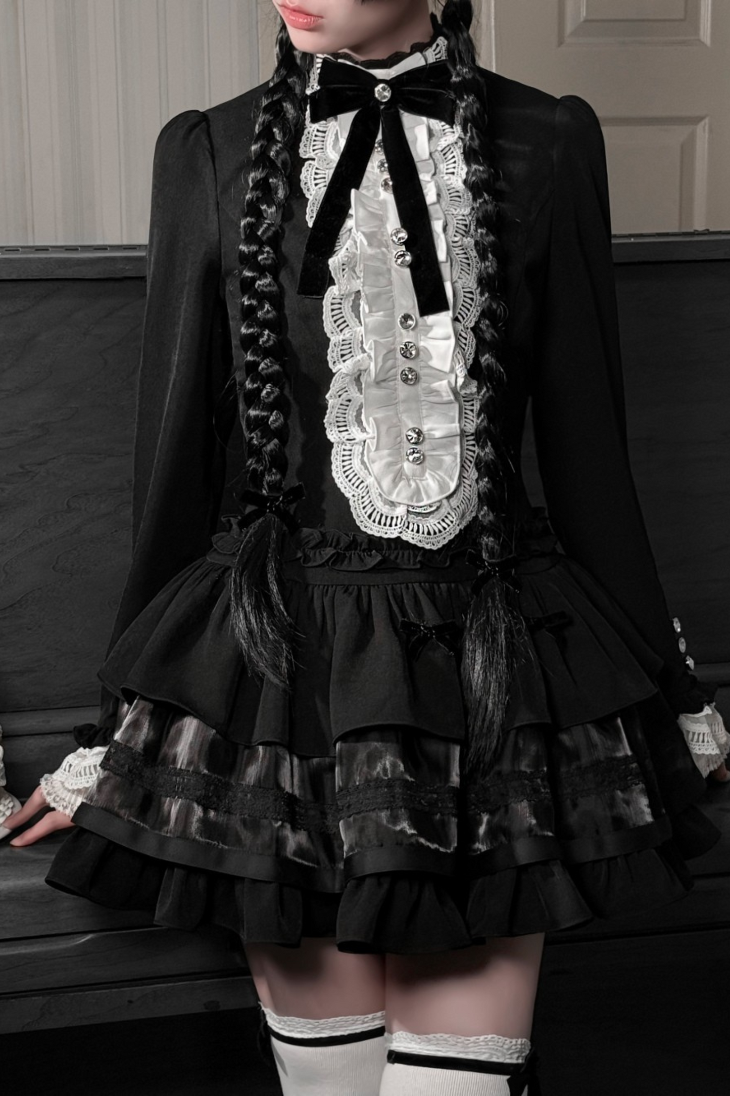 Classical Dark Gothic Lace Diamond Button Dress