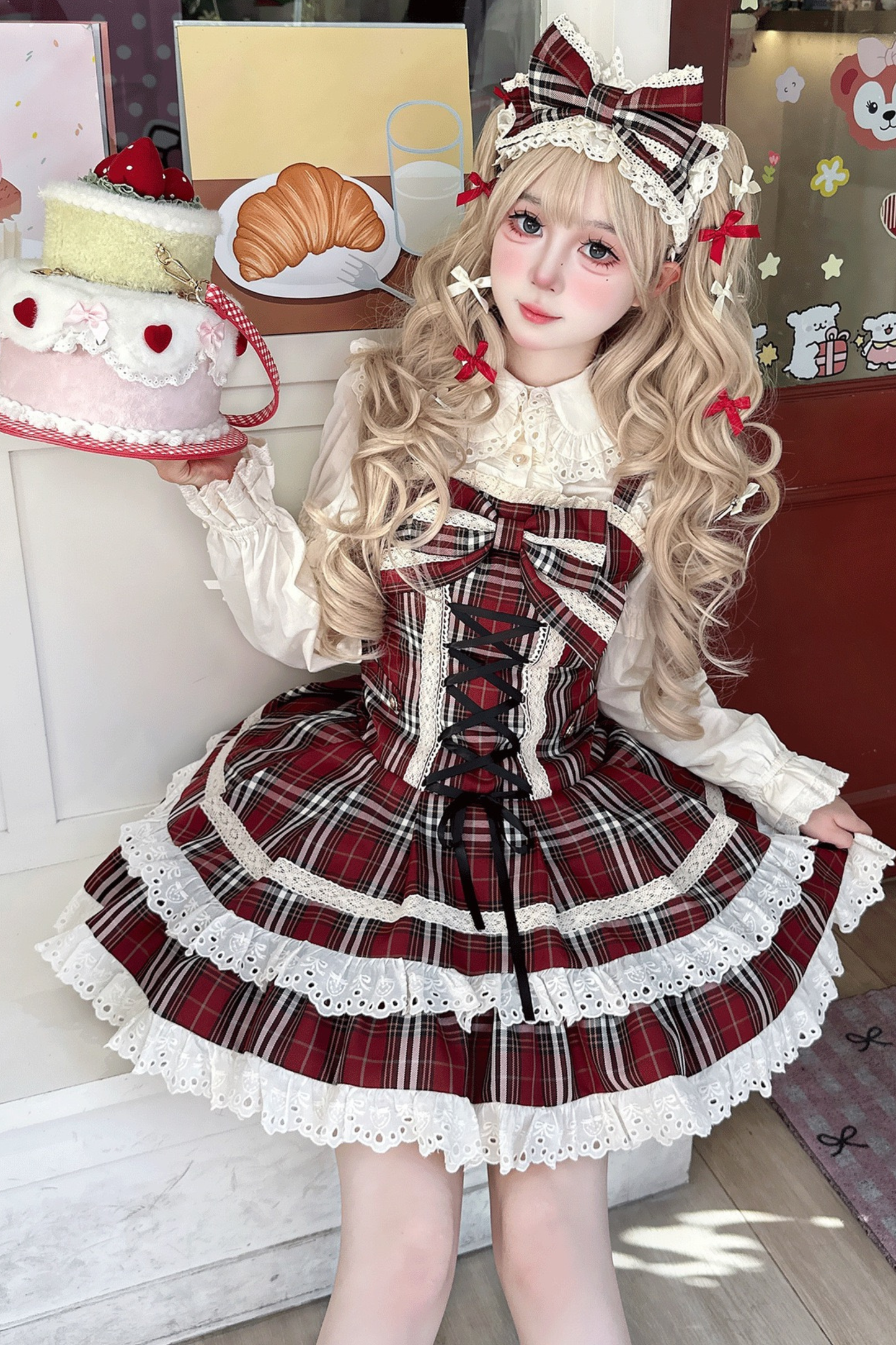 チェックレースアップロリータジャンパースカート+フリルブラウス
