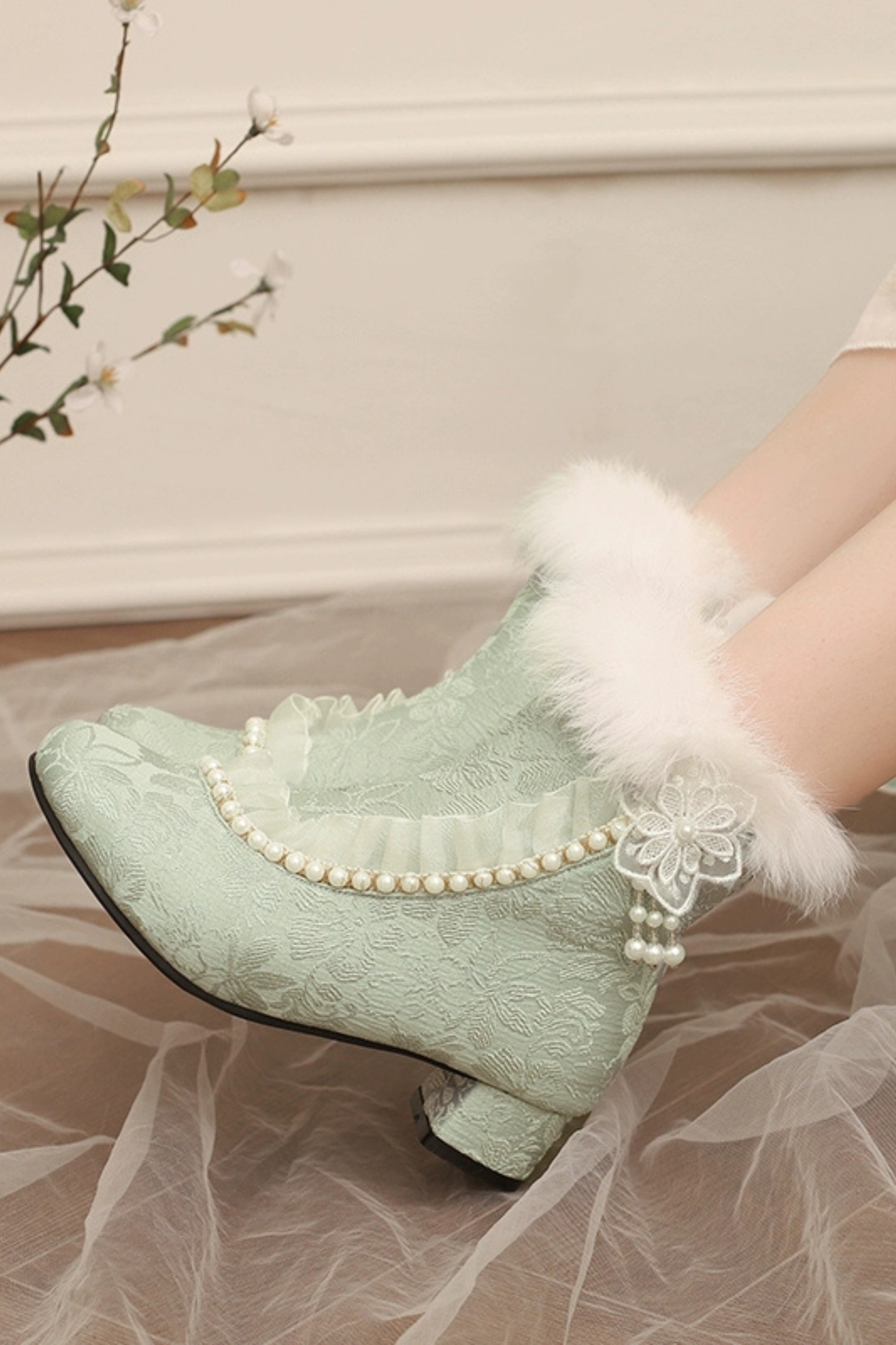 レースファーエレガントショートブーツ