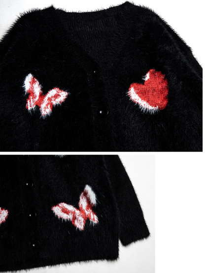 Butterfly V-Neck Fur Knit Cardigan