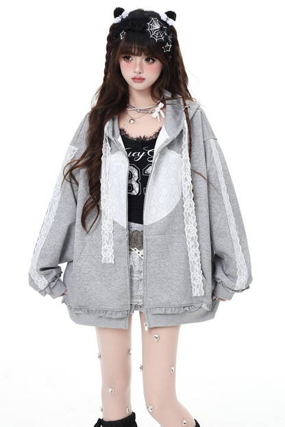 Lace Design Casual Sweet Hooded Hoodie