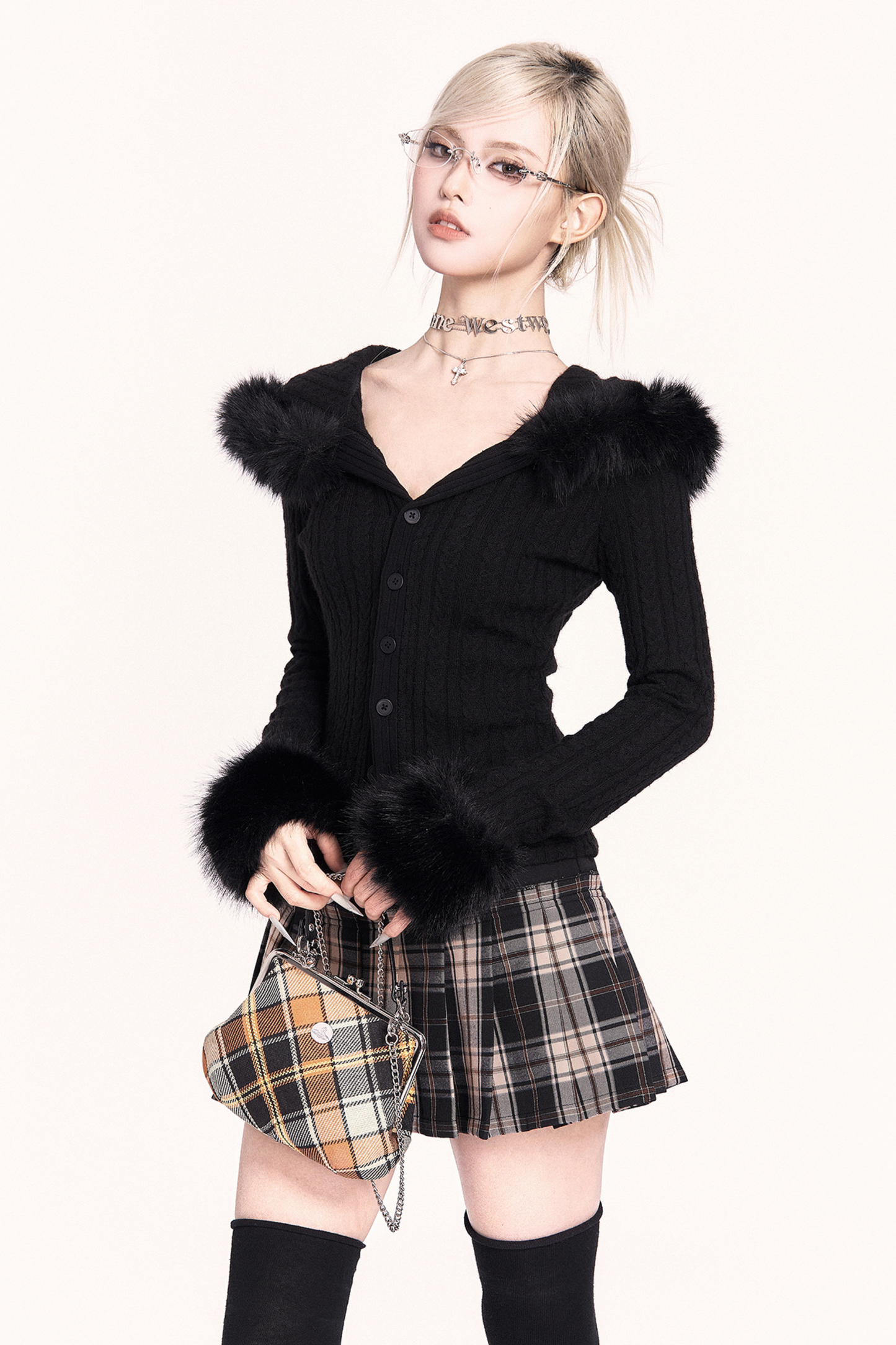 モードファーフードニットジャケット