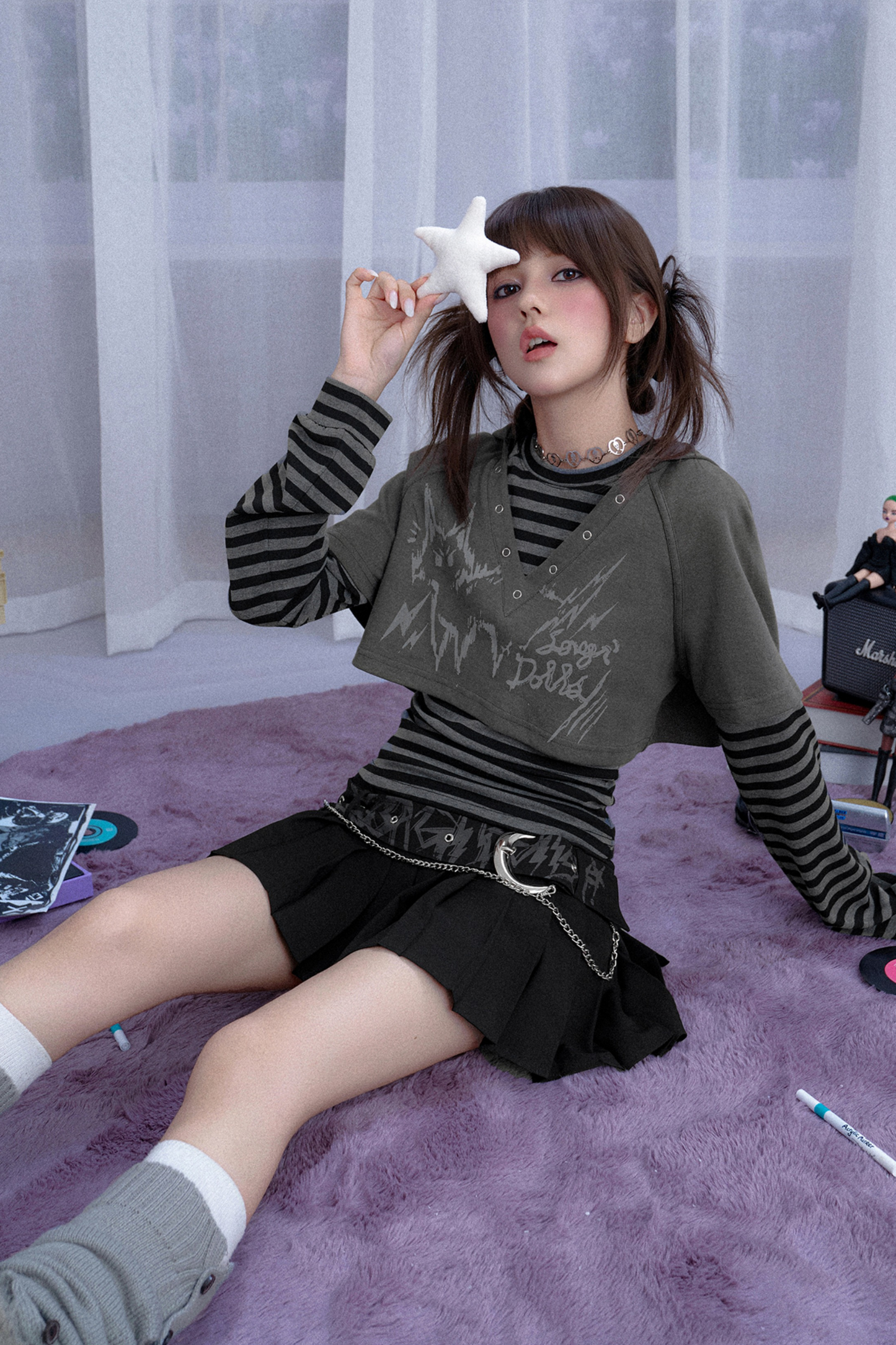 ボーダーツーピーススーツフードトップス