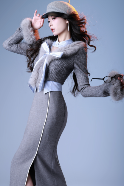 Faux Two Piece Lady Slit Dress