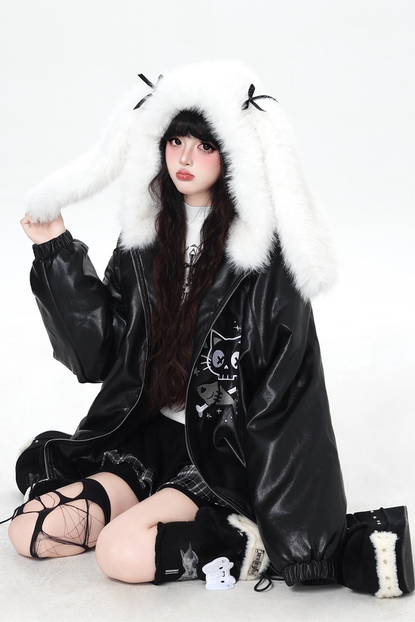 Rabbit Fur Hooded Leather Jacket
