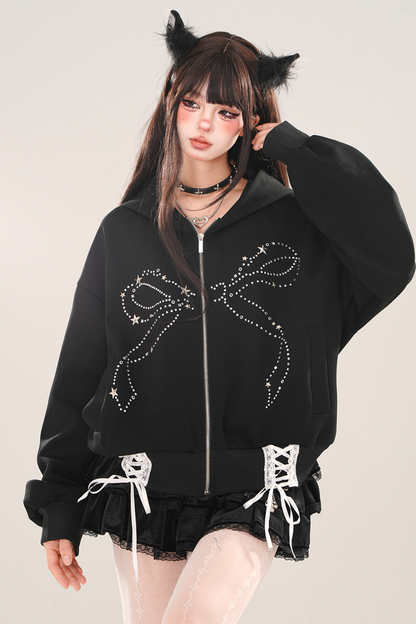 Loose Slim Black Lace-Up Hooded Hoodie