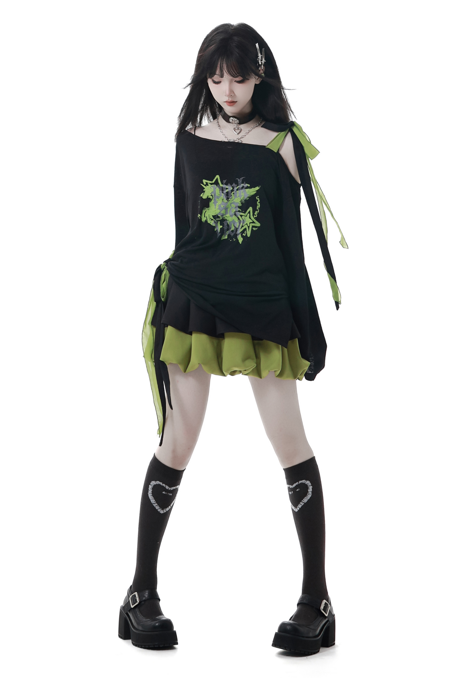 ワンショルダーアシメトップス+バルーンスカート