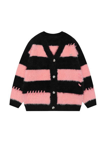 Striped Corian Style Loose Faux Mink Fur Soft Cardigan Knit