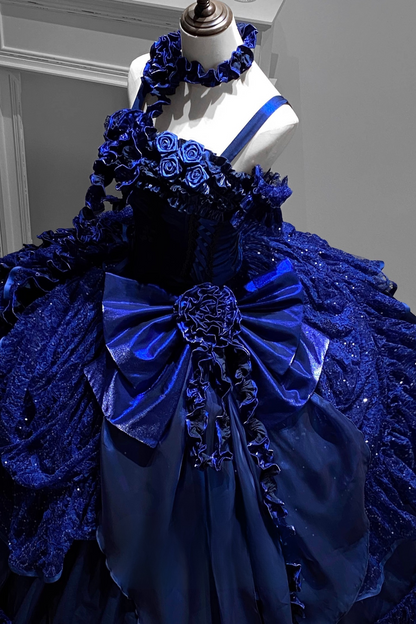 [Reserva] Vestido azul con flores y espiga azul oscuro