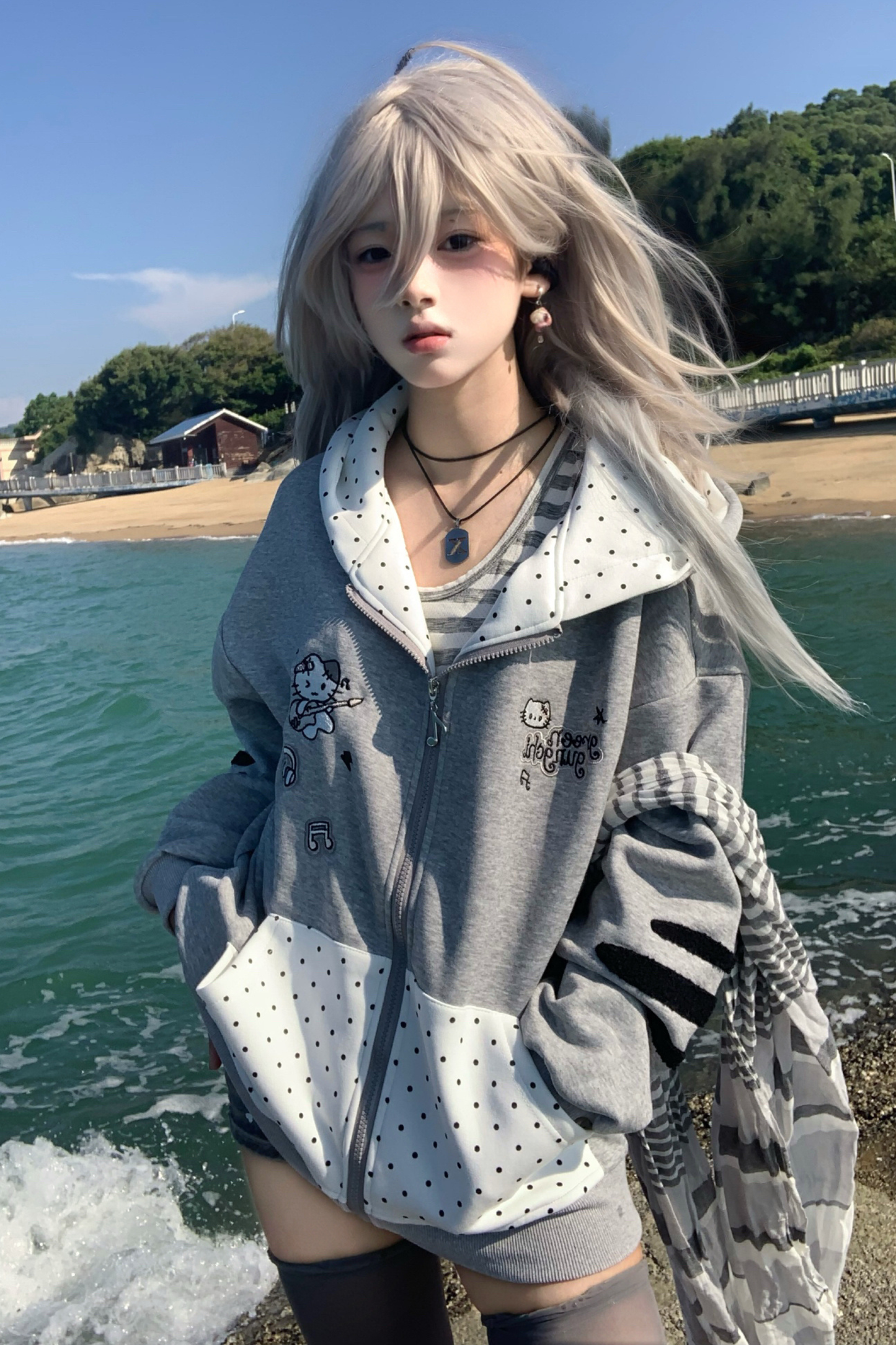 Cat Hood Dot Pocket Hoodie