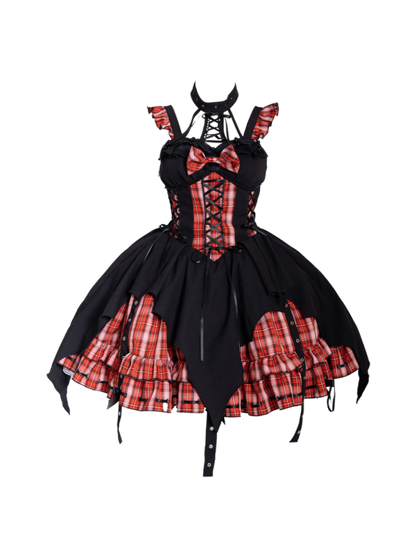Punk rock halterneck irregular check suspender dress + head accessories