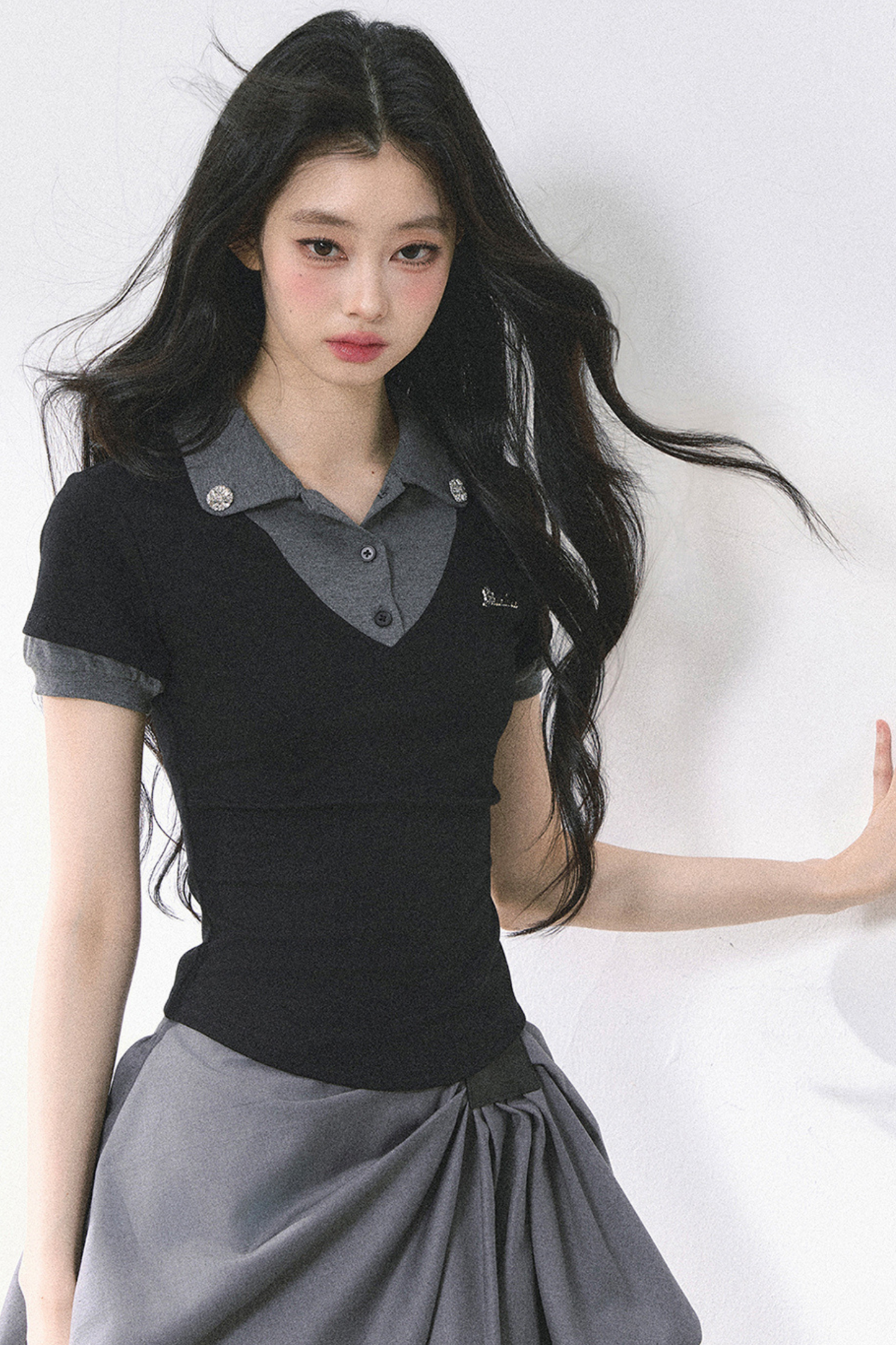 フレンチシャツタイトガーリートップス