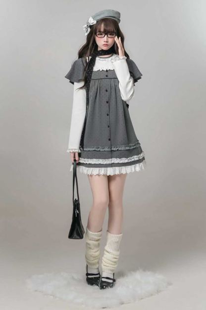 グレイポルカドットドールドレス+ベレー帽