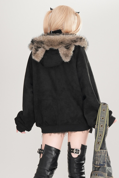 ファーキャットイヤーフーデッドジャケット