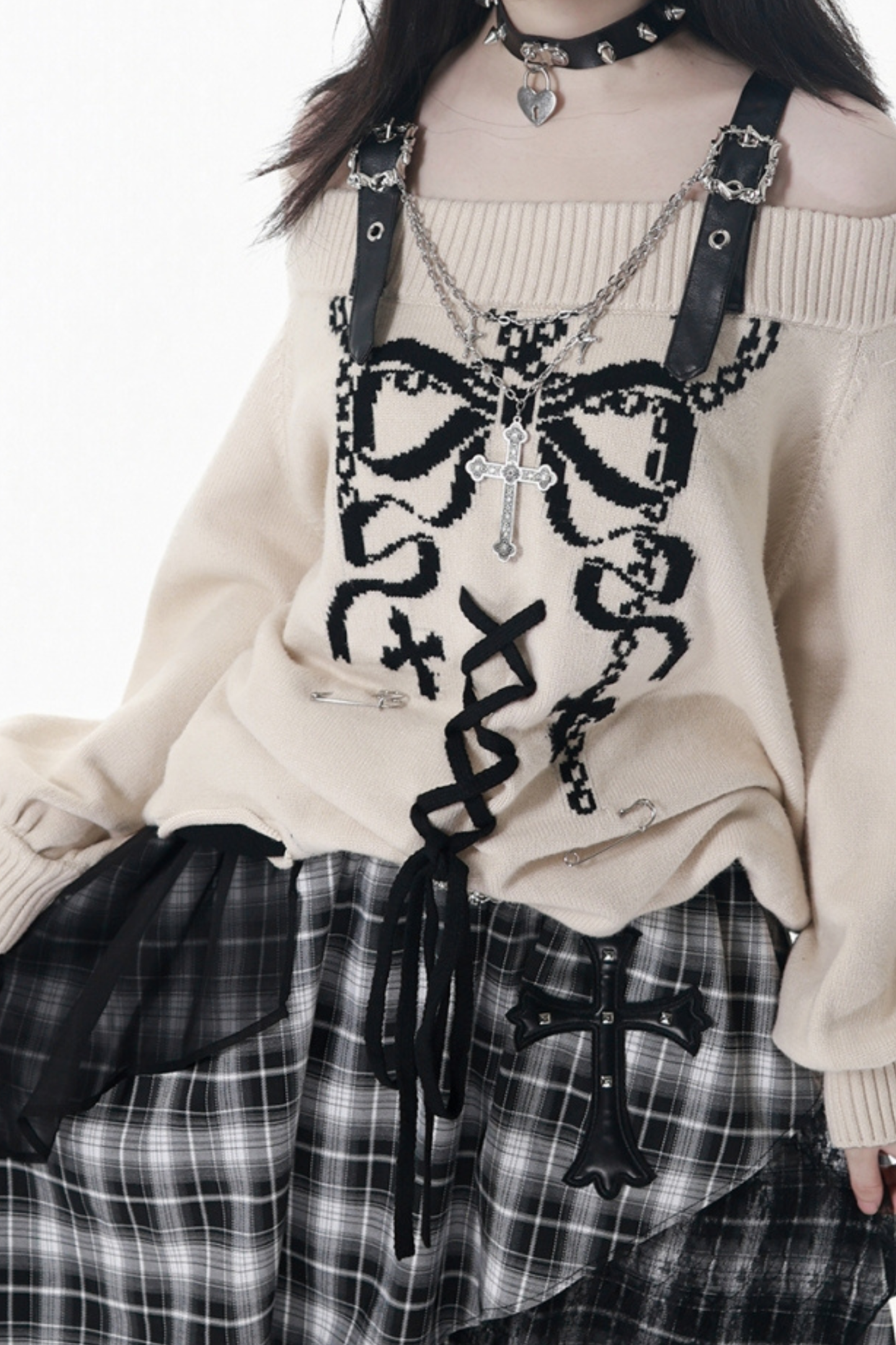 One-Shoulder Ribbon Top + Checked Asymmetrical Skirt