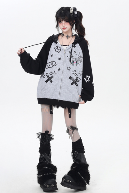 ガールイラストフードルーズパーカー