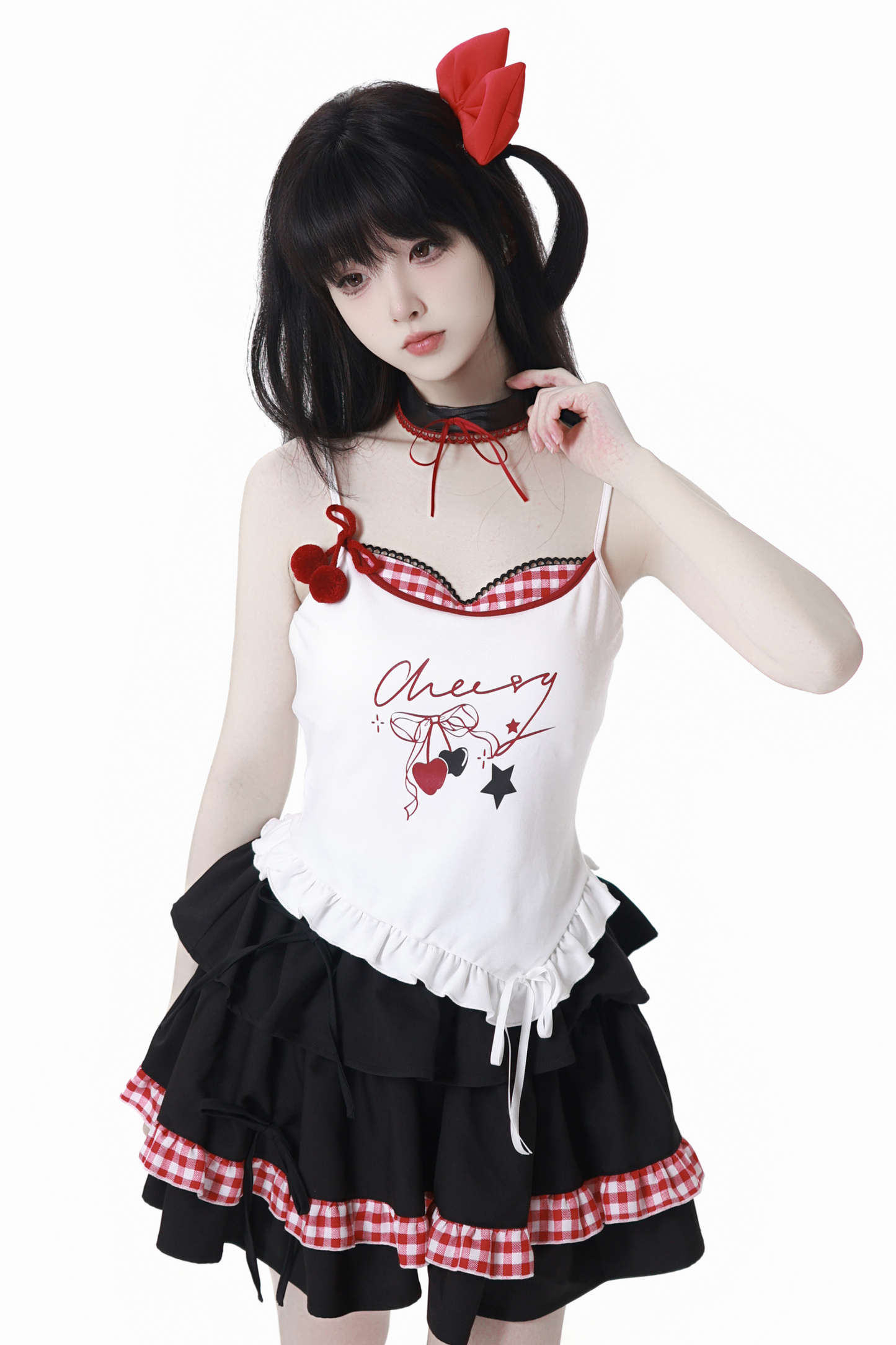 チェリーウィンドフードパーカー+キャミソール+スカート