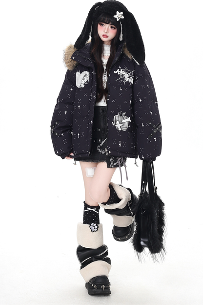 Dark rabbit design fur hooded jacket