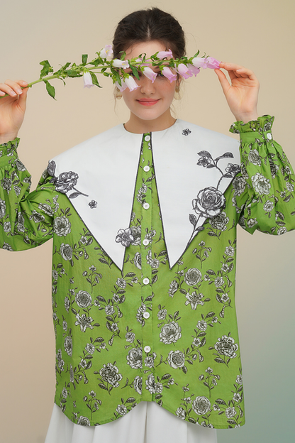 グリーンローズフレンチヴィンテージプリントシャツ
