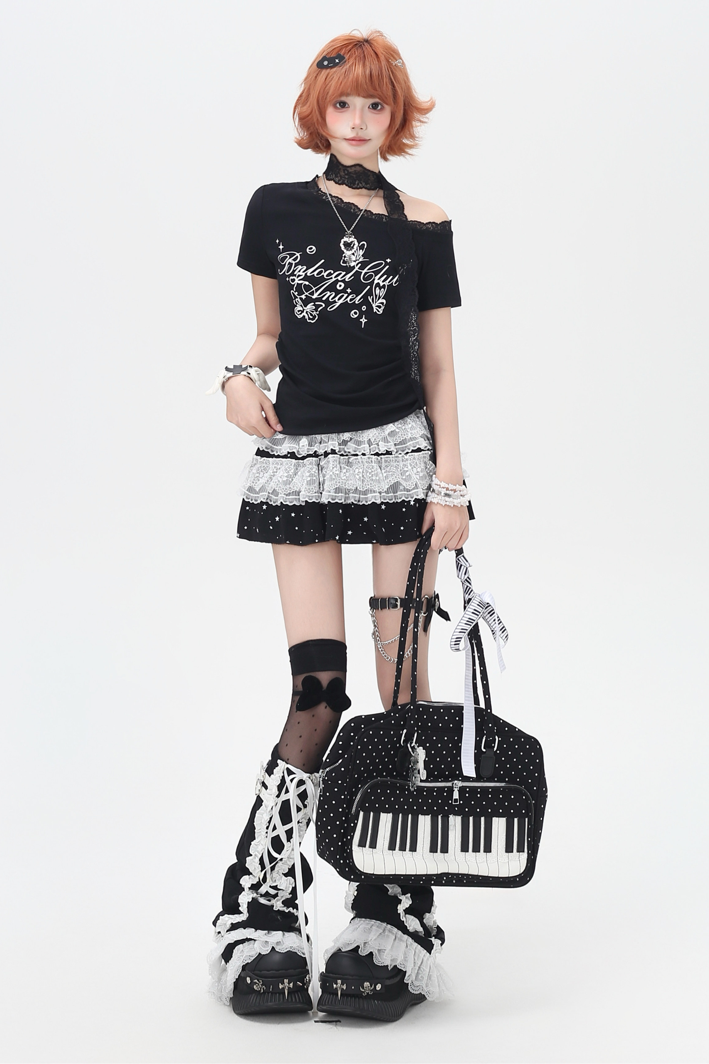 レースデザインワンショルダースリムトップス