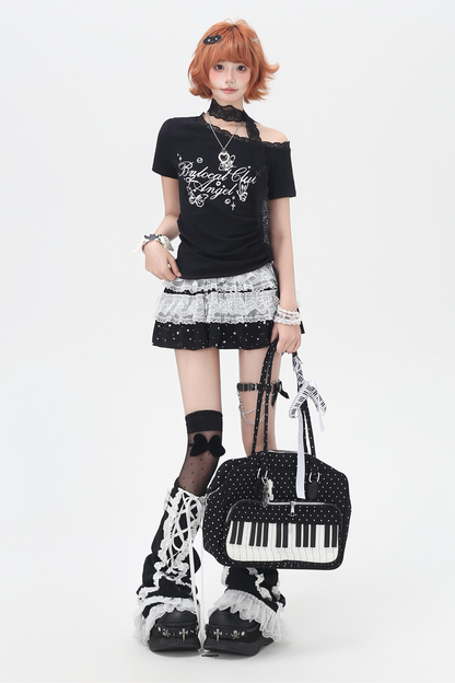 レースデザインワンショルダースリムトップス