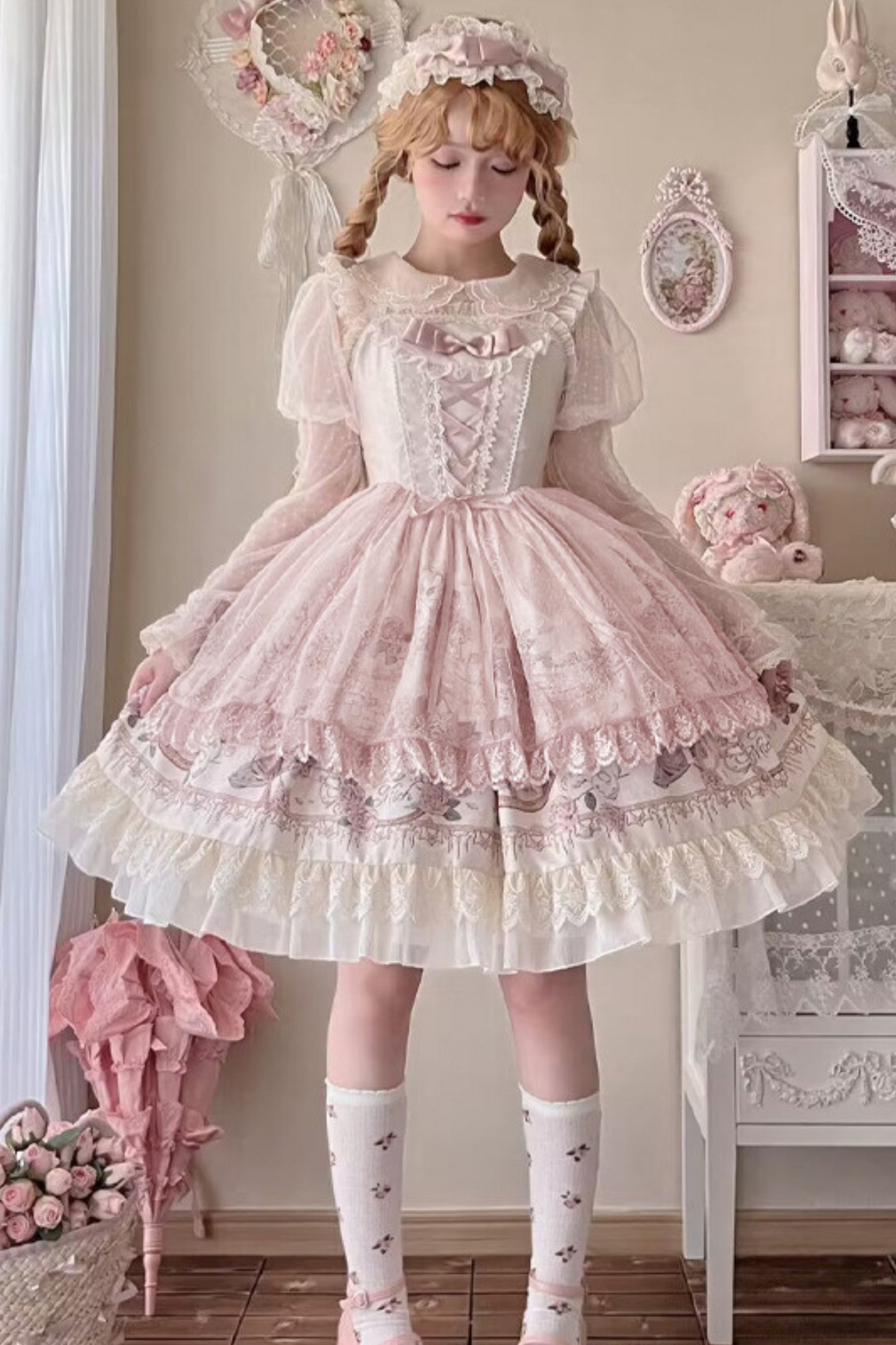 Daily Color Sweet Princess Jumper Skirt + Lace Doll Shirt
