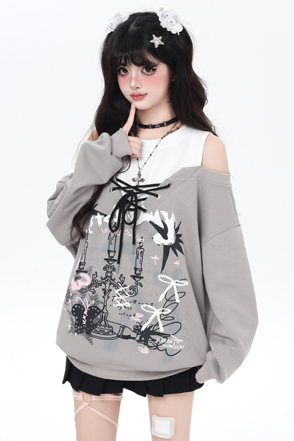 スイートストラップフェイクツーピースオフショルダーデザインガーリースウェット