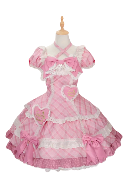 Check Sweet Girly Lolita Tiered Dress + Headband + Hairband