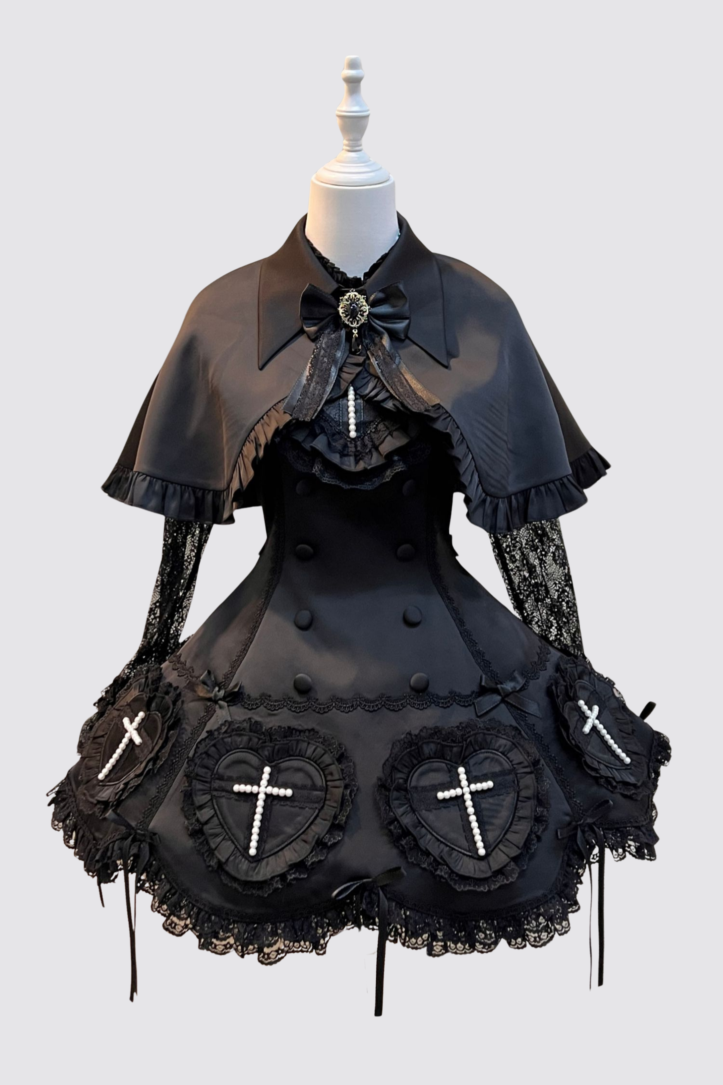 【12月6日予約締切】Night Crossダークエレガントゴシックロリータジュエルリボンケープ＋ショートドレス