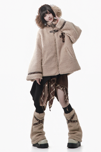 ヘーゼルナッツベルベットウールコート+チェックスカート+トップス+レッグカバー