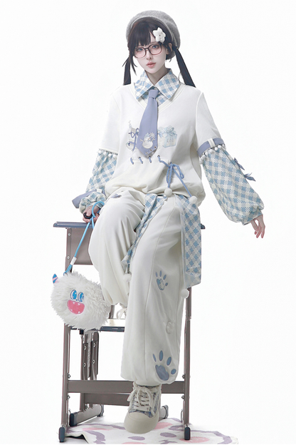 デジタルチェックトップス+ワイドパンツ+ベルト+ネクタイ